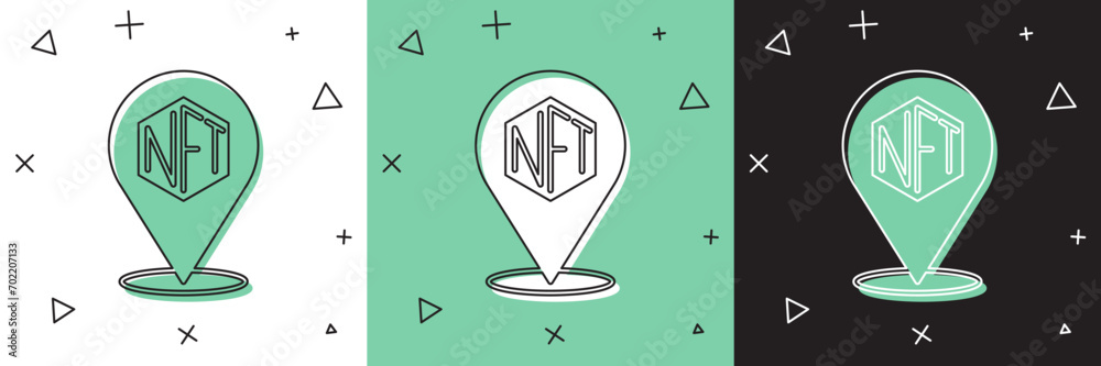 Set NFT Digital crypto art icon isolated on white and green, black background. Non fungible token.  Vector - obrazy, fototapety, plakaty 