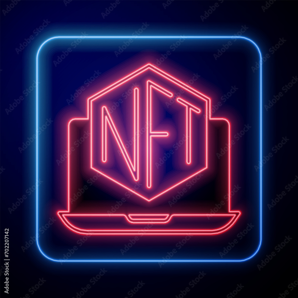Glowing neon Laptop with art store app icon isolated on black background. Technology of selling NFT tokens for cryptocurrency. Non fungible token concept. Vector Glowing neon Laptop with art store app icon isolated on black background. Technology of selling NFT tokens for cryptocurrency. Non fungible token concept. Vector