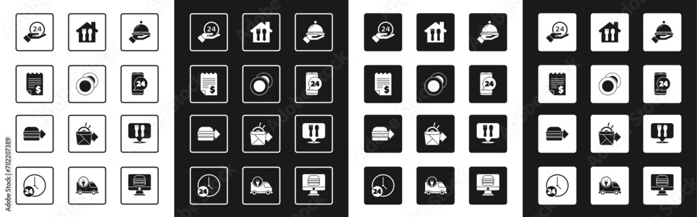 Set Covered with a tray of food, Plate, Paper or financial check, Clock 24 hours, Food ordering, Online and delivery, Cafe restaurant location and burger icon. Vector Set Covered with a tray of food, Plate, Paper or financial check, Clock 24 hours, Food ordering, Online and delivery, Cafe restaurant location and burger icon. Vector
