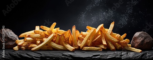 French fries chips on dark luxury stone table of restaurant kids food, panorama banner. Generative Ai