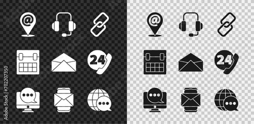 Set Location and mail and e-mail, Headphones, Chain link, Chat messages notification monitor, Mobile envelope, World map made from speech bubble, Calendar and Envelope icon. Vector