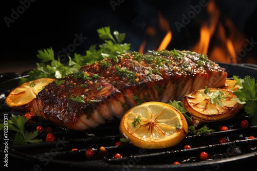 Delicious portion of fresh salmon fillet with aromatic herbs, spices and vegetables - healthy food, diet or cooking concept photo