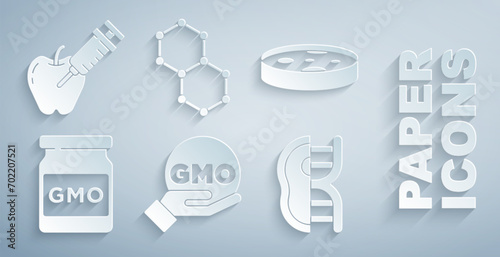 Set GMO, Petri dish with bacteria, Genetically modified meat, Chemical formula and apple icon. Vector