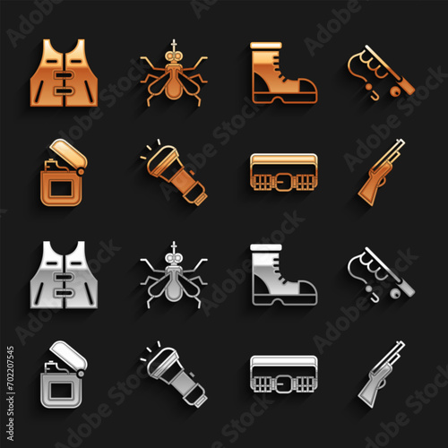 Set Flashlight, Fishing rod, Hunting gun, cartridge belt, Lighter, Hunter boots, jacket and Mosquito icon. Vector