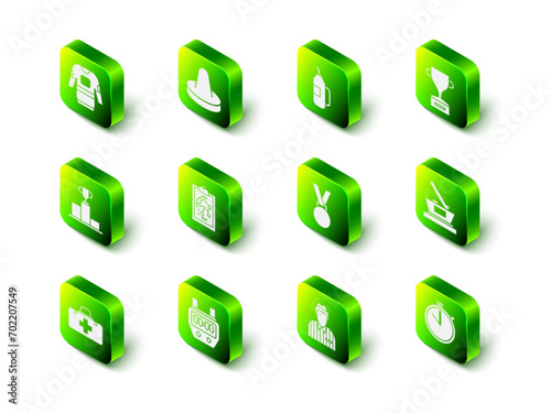 Set Mallet for playing air hockey, Fitness shaker, Award cup, Ice champion, Stopwatch, Medal, Hockey judge, referee, arbiter and  icon. Vector