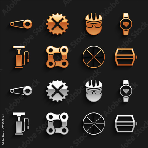 Set Bicycle chain, Smart watch, pedal, wheel, air pump, helmet, with gear and sprocket crank icon. Vector