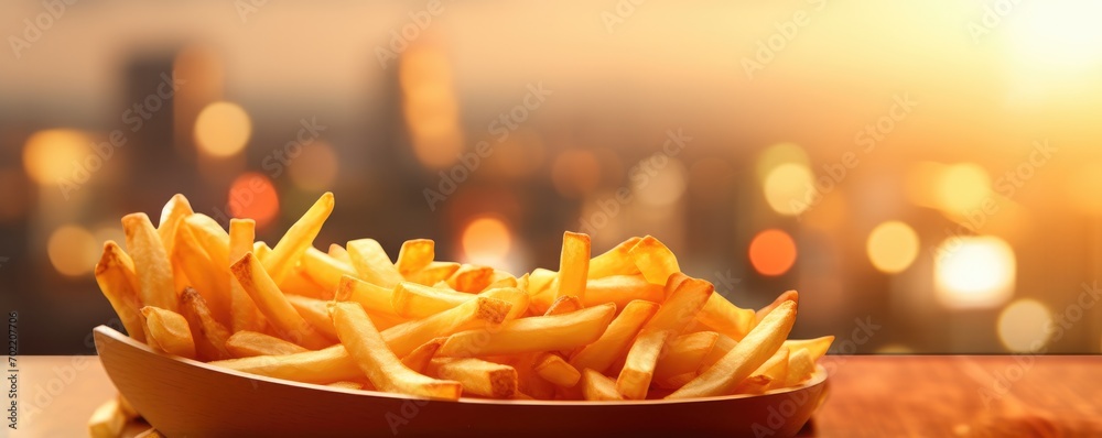 French fries chips in basket on table, street junk food, oktoberfest banner panorama Generative Ai French fries chips in basket on table, street junk food, oktoberfest banner panorama Generative Ai