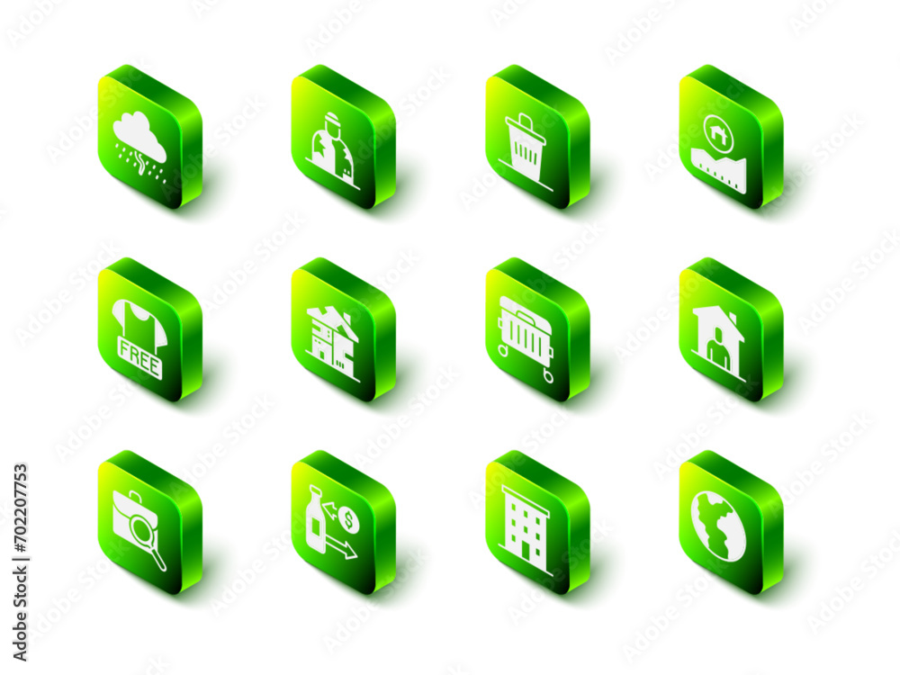 Set Homeless, Trash can, Rising cost of housing, Shelter for homeless, Global economic crisis, Multi storey building and Reception glass bottles icon. Vector Set Homeless, Trash can, Rising cost of housing, Shelter for homeless, Global economic crisis, Multi storey building and Reception glass bottles icon. Vector