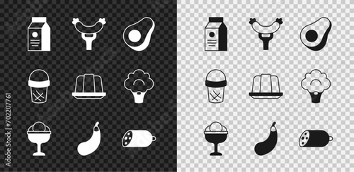 Set aper package for milk, Sausage on the fork, Avocado fruit, Ice cream in bowl, Eggplant, Salami sausage, waffle and Jelly cake icon. Vector photo