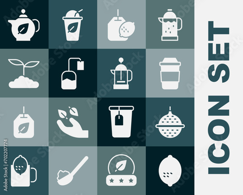 Set Lemon, Ball tea strainer, Cup of, Tea bag with lemon, leaf, Teapot and French press icon. Vector