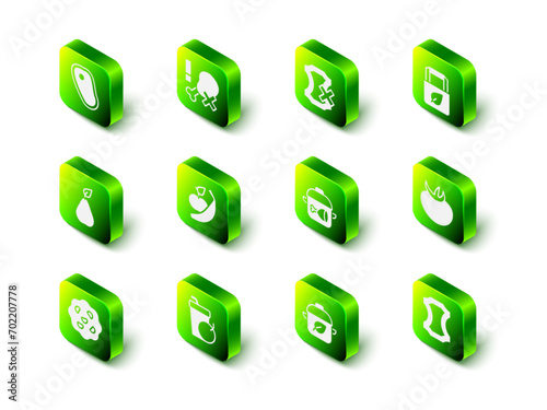 Set No chicken leg, leather, Shopping bag with recycle, Tomato, Leather, Cooking pot and, Vegan food diet and Fresh smoothie icon. Vector