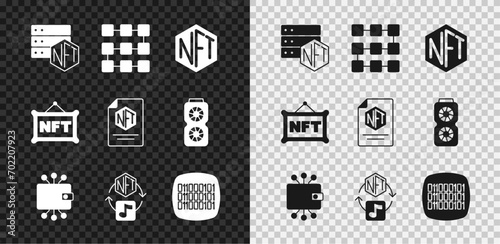 Set NFT blockchain technology, Digital crypto art, Cryptocurrency wallet, Binary code, and contract icon. Vector