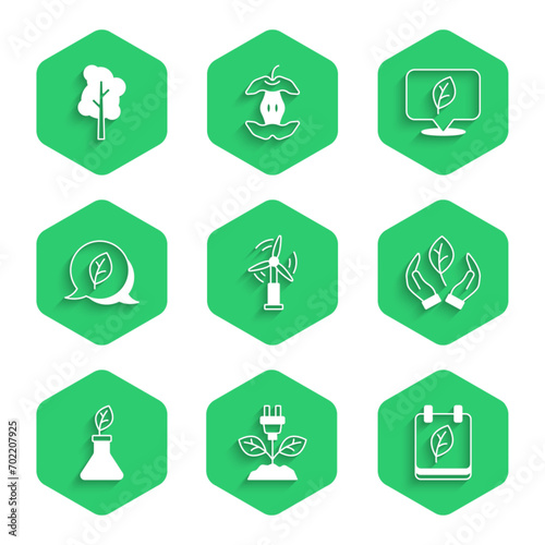 Set Wind turbine, Electric saving plug leaf, Calendar with autumn leaves, Leaf hand, Plant breeding, Eco symbol, Location and Tree icon. Vector