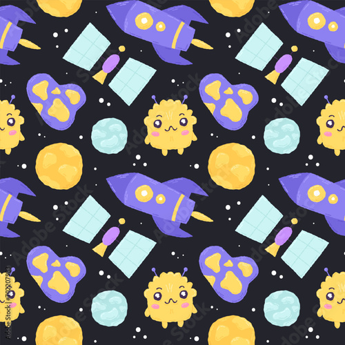 Baby cute seamless pattern with space elements on dark background. Hand drawn flat cartoon style. Vector illustration
