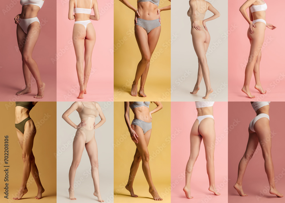 © master1305 - Collage. Cropped image of slim female bodies, slender legs over multicolored background. Models posing in underwear. Concept of female beauty, body and skin care, fitness, care, health © master1305 - Collage. Cropped image of slim female bodies, slender legs over multicolored background. Models posing in underwear. Concept of female beauty, body and skin care, fitness, care, health