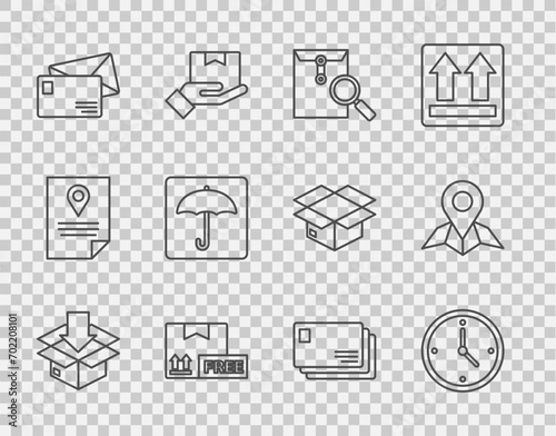 Set line Cardboard box with traffic symbol, Fast time delivery, Envelope magnifying glass, free, Umbrella, and Placeholder on map paper icon. Vector