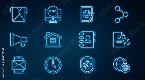 Set line Earth globe with mail, Document and cursor, Mail e-mail, House, Megaphone, Envelope, Address book and Chat messages notification monitor icon. Vector