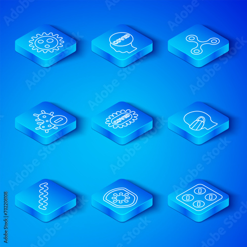 Set line Virus, Corona virus covid-19, Shield protecting from, Face medical protective mask, Negative,  and Pills blister pack icon. Vector