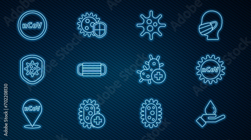 Set line Washing hands with soap, Corona virus 2019-nCoV, Virus, Medical protective mask, Shield protecting from, Positive and  icon. Vector