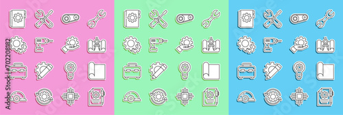 Fototapeta Naklejka Na Ścianę i Meble -  Set line Document settings and pen, Graphing paper for engineering, compass, Timing belt kit, Electric drill machine, Gear, User manual and Settings the hand icon. Vector