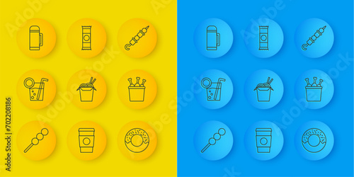 Set line Meatballs on wooden stick, Cocktail, Asian noodles and chopsticks, Donut, Chicken leg in package box, Thermos container, Grilled shish kebab and Chocolate bar icon. Vector