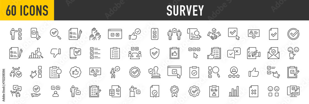 Set of 60 Survey web icons in line style. Opinions, rewiev, feedback, exam, collection. Vector illustration. - obrazy, fototapety, plakaty 