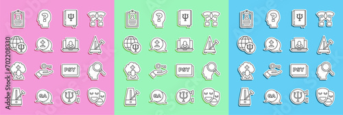 Set line Comedy and tragedy masks, Finding problem, Metronome with pendulum, Psychology book, Psi, Graves funeral sorrow, Psychology,, Medical clipboard and Psychologist online icon. Vector