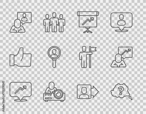 Set line Graph, schedule, chart, Question mark, Chalkboard with diagram, Media projector, Head hunting, Search people, Team leader and icon. Vector