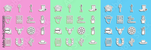 Set line Western cowboy hat, Quiver with arrows, Cactus peyote in pot, Crossed, Wanted western poster, Cowboy, Coal mine trolley and Smoking pipe icon. Vector