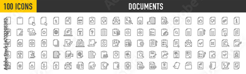 Set of 100 Document web icons in line style. Clipboard, certificate, accept, approved, invoice, archive, collection. Vector illustration.