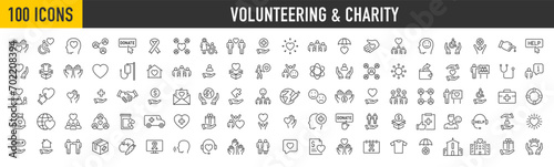 Set of 100 Volunteering and charity web icons in line style. Donate, donor, doctor, care, help, support, collection. Vector illustration.