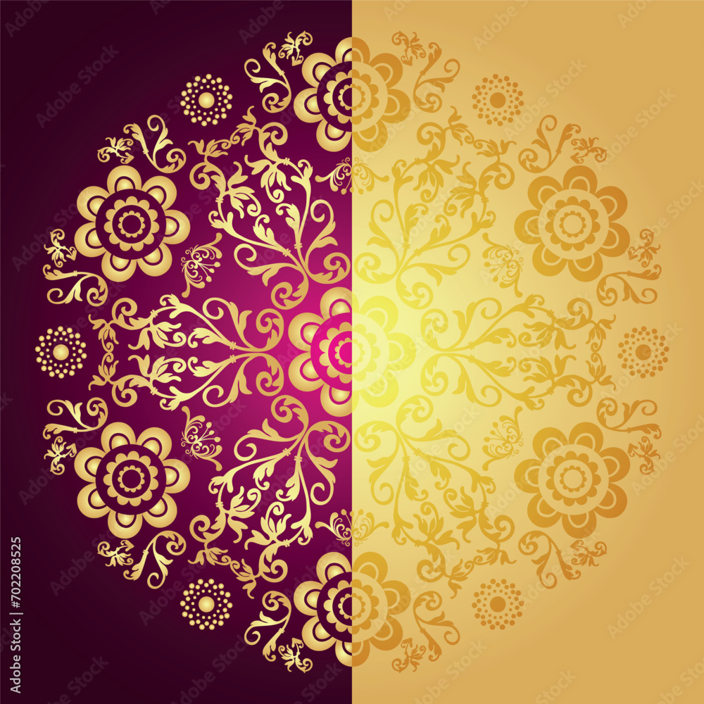 Vector vintage frame with lacy golden mandala on purple and gold gradient background