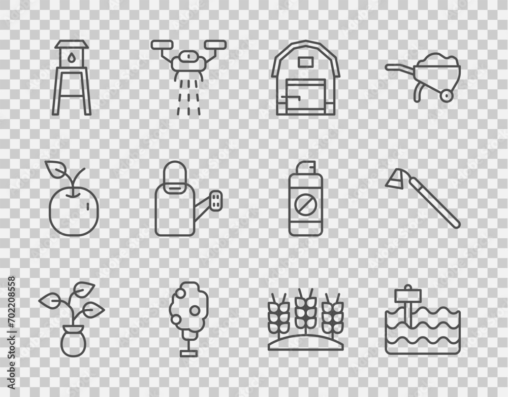 Set line Plant, Garden bed, Farm house, Tree with apple, Water tower, Watering can, Wheat and hoe icon. Vector Set line Plant, Garden bed, Farm house, Tree with apple, Water tower, Watering can, Wheat and hoe icon. Vector