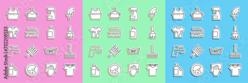 Set line Drying clothes, Handle broom, Feather, Cleaning spray bottle, Brush for cleaning, Dirty t-shirt, Basin with and Bottle agent icon. Vector