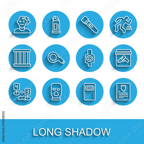 Set line Marker of crime scene, Balaclava, Murder, Police assault shield, The arrest warrant, Whistle, Evidence bag with gun and Human target sport for shooting icon. Vector