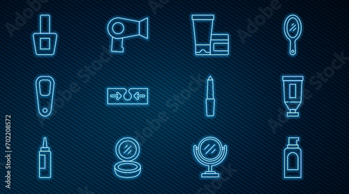 Set line Spray can for hairspray, Cream lotion cosmetic tube, Acne, Pumice feet, Nail polish bottle, file and Hair dryer icon. Vector