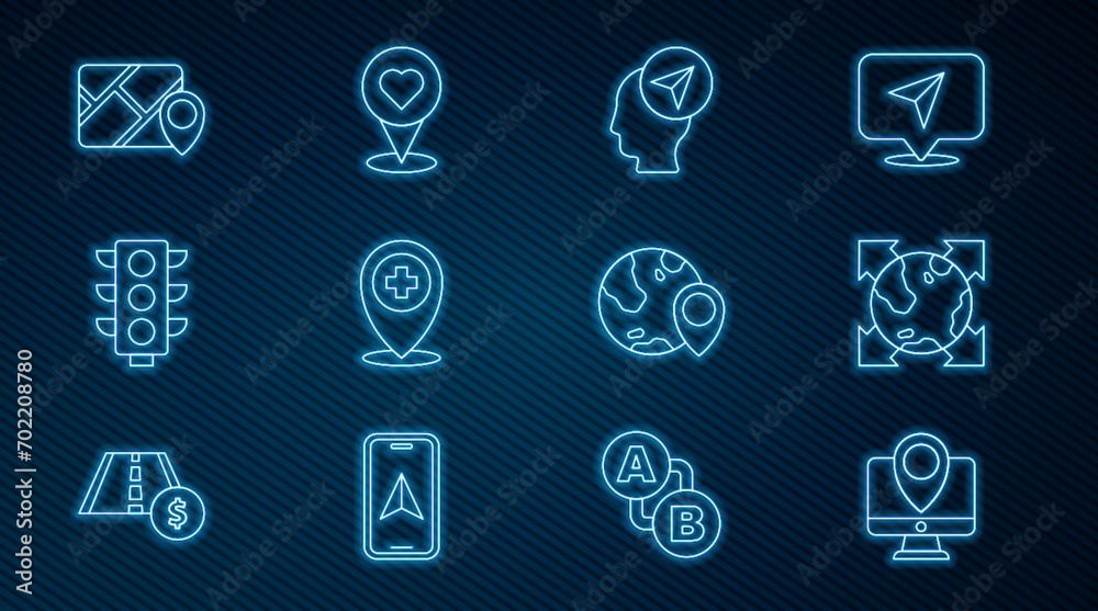 Set line Monitor with location marker, World globe compass, Location person, cross hospital, Traffic light, Infographic of city map navigation, the and heart icon. Vector Set line Monitor with location marker, World globe compass, Location person, cross hospital, Traffic light, Infographic of city map navigation, the and heart icon. Vector