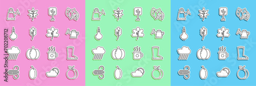 Set line Peach fruit, Waterproof rubber boot, Watering can, Tree, Leaf or leaves, Onion, and icon. Vector