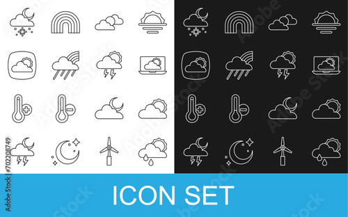 Set line Cloud with rain and sun, Sun cloud weather, Weather forecast, Rainbow, snow and Storm icon. Vector