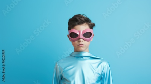 In this delightful snapshot, a young boy wears a superhero costume, radiating enthusiasm against a background of calming blue pastels.