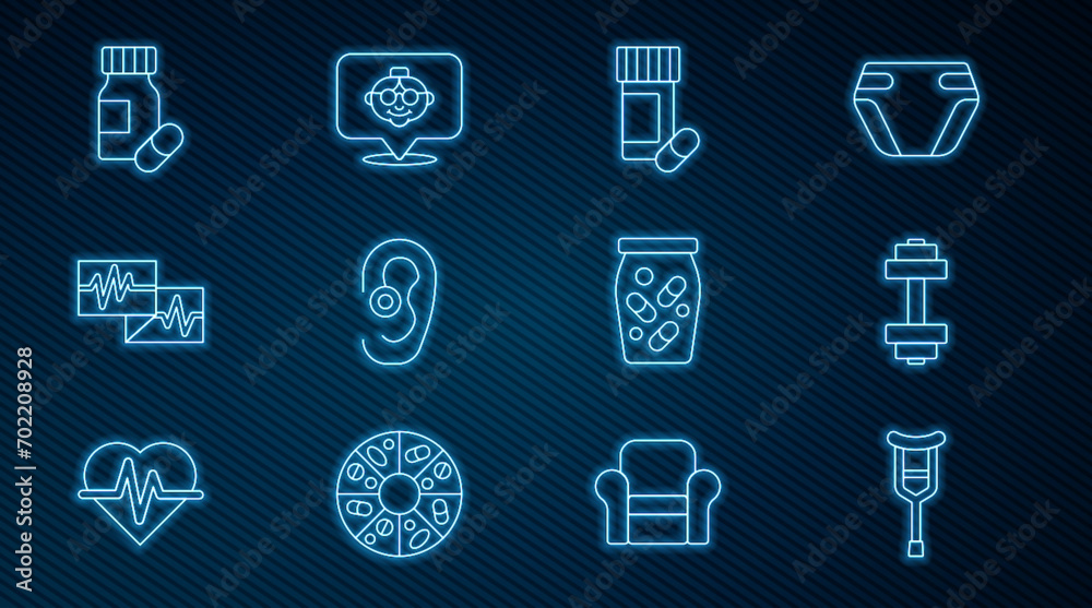 Set line Crutch or crutches, Dumbbell, Medicine bottle and pills, Hearing aid, Monitor with cardiogram, and Grandmother icon. Vector Set line Crutch or crutches, Dumbbell, Medicine bottle and pills, Hearing aid, Monitor with cardiogram, and Grandmother icon. Vector