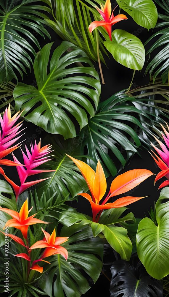 Many brightly colored tropical plants are on a black wall Many brightly colored tropical plants are on a black wall