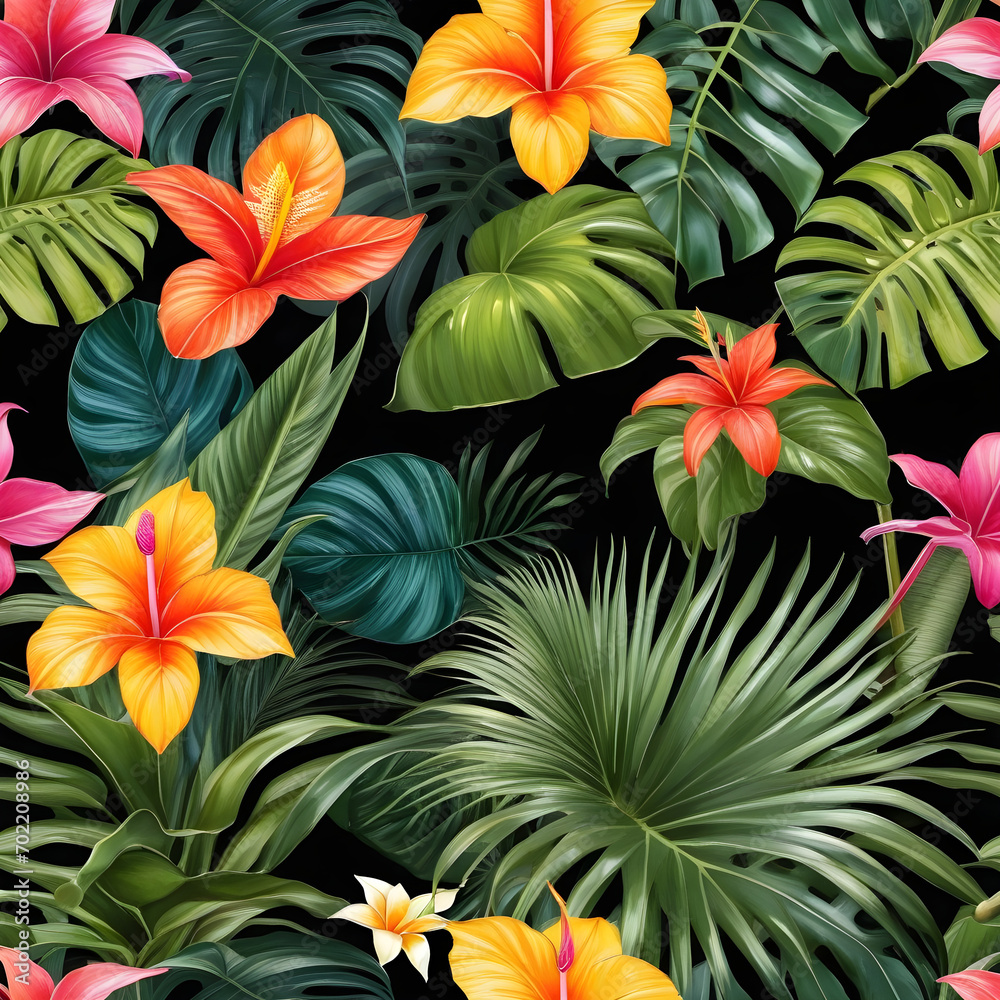 Many brightly colored tropical plants are on a black wall
