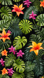 Many brightly colored tropical plants are on a black wall