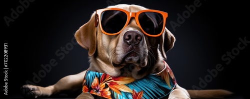  Labrador exuding cool vibes, seated and dressed in a Hawaiian shirt with sunglasses