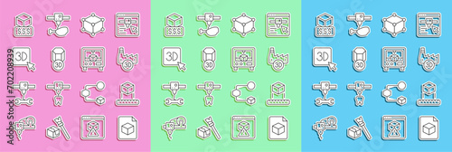 Set line Isometric cube file, Printing house industry, 3D printer, services and icon. Vector