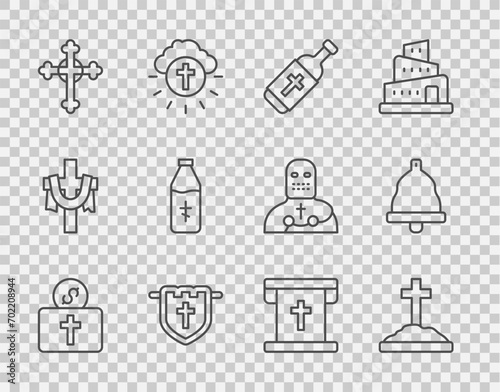 Set line Donation for church, Grave with cross, Holy water bottle, Flag christian, Christian,  and Church bell icon. Vector