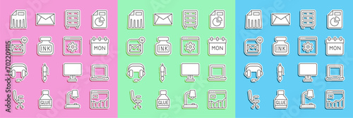 Set line Graph chart infographic, Laptop, Calendar, Archive papers drawer, Inkwell, Envelope, Paper shredder and Browser setting icon. Vector