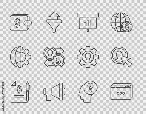 Set line Contract money and pen, Graph, chart, diagram, infographic, Megaphone, Wallet with dollar, Job promotion exchange, Human head question mark and User of business suit icon. Vector