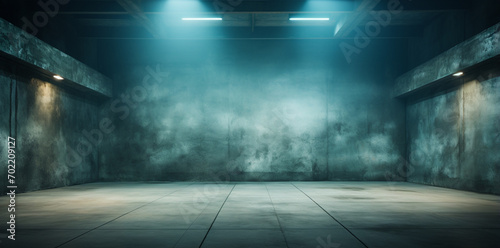 Background of an empty dark room. Empty walls, neon light, smoke, glow. blue neon light. © Nataliia